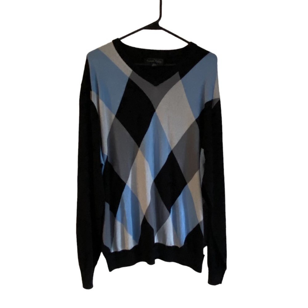 Kenneth Roberts Platinum‎ Men Sz XL Silk Blend V-neck Pullover Argyle Sweater